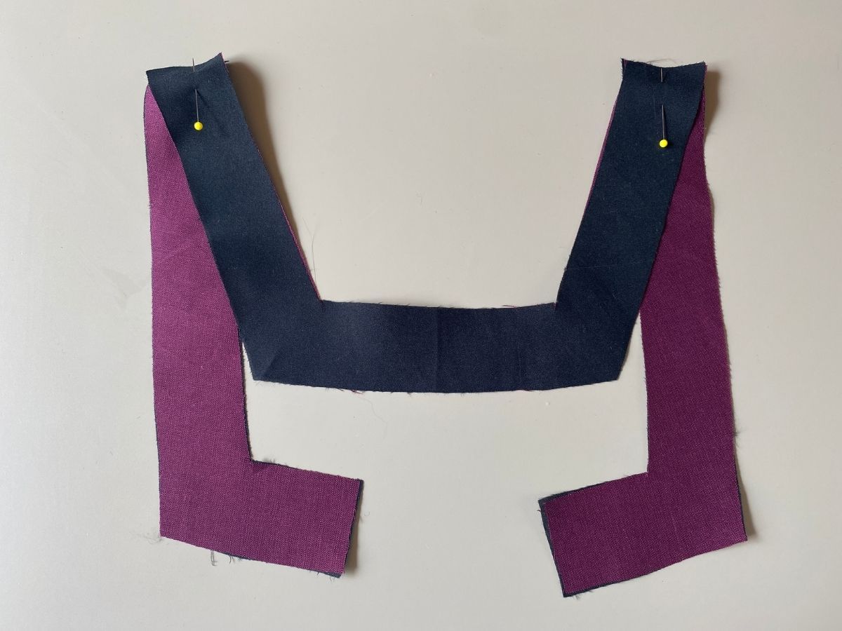 Style Revive Bralette Tutorial showing pinning the shoulder seams of the shoulder facings together