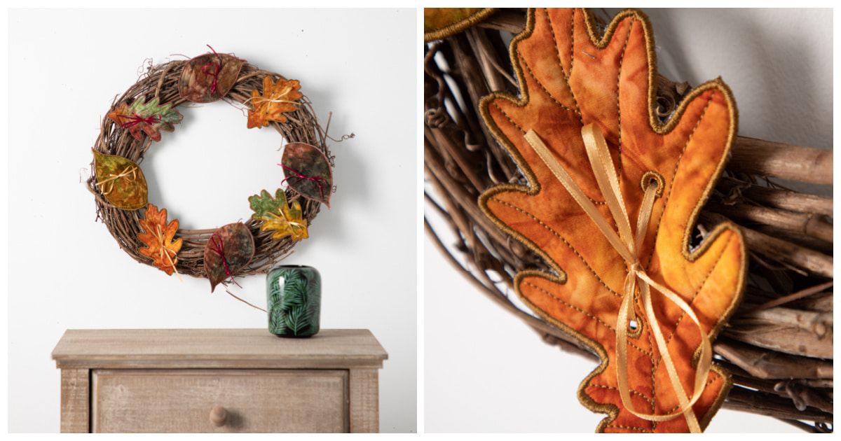 Fall wreath with machine embroidered leaves