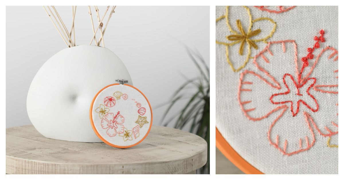 The Island Time project is a hooped hand-embroidery sampler featuring tropical flowers and seashells.