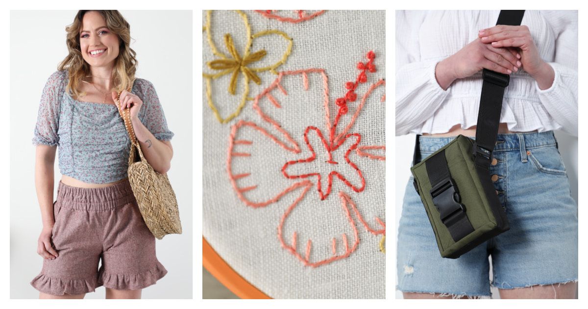 Three free patterns from Sew News Summer 2021: ruffled shorts, hand embroidered tropical flowers, and a buckled bag.