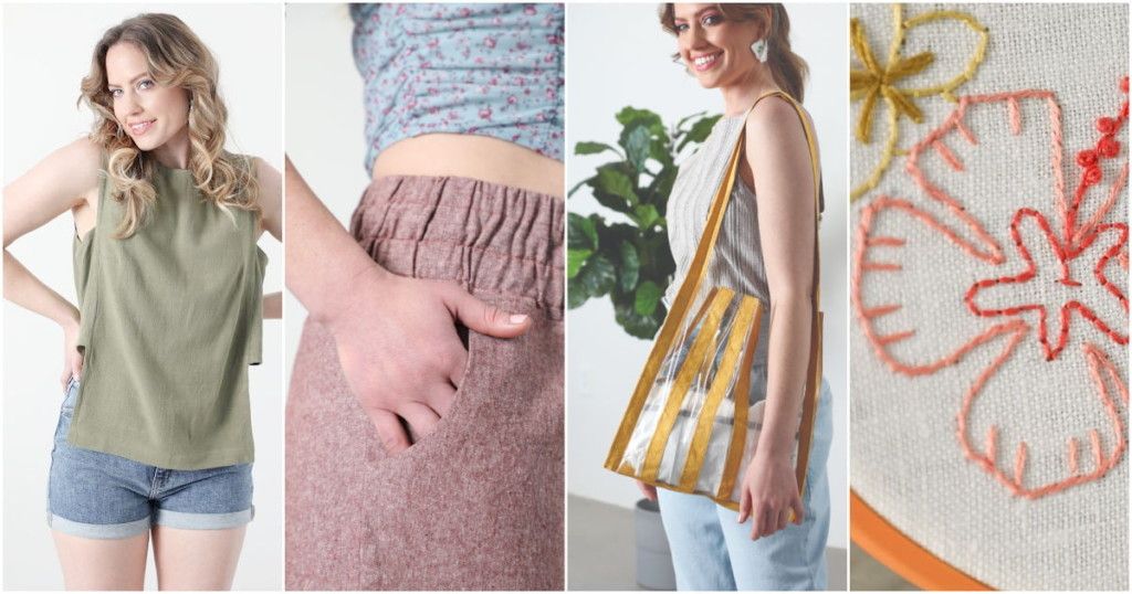 Projects from Sew News Summer: a tank, elastic-waist shorts, vinyl tote, hand-embroidery floral hoop.