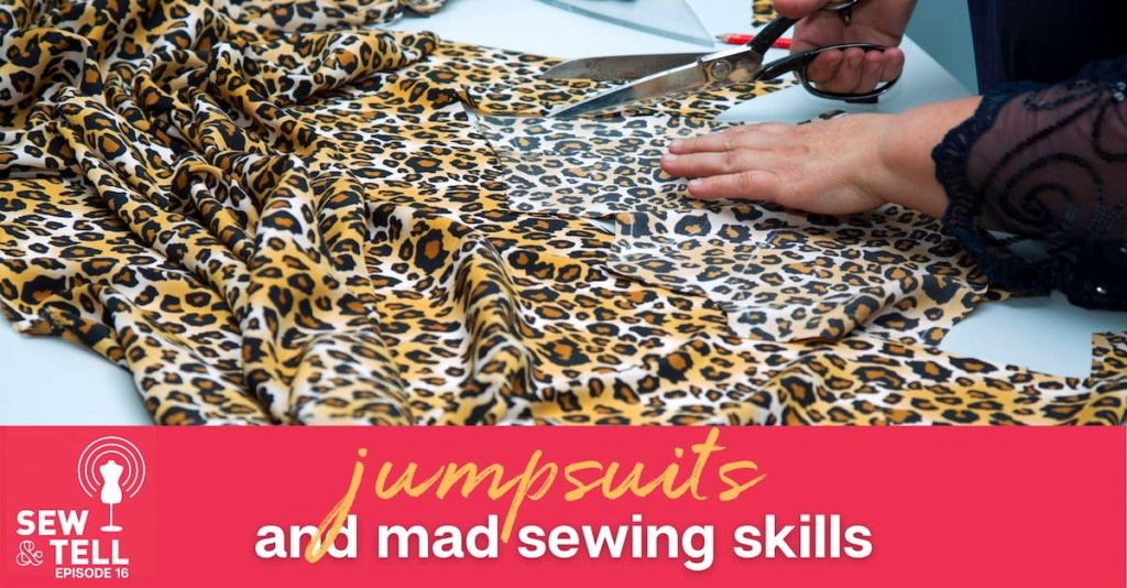 Podcast header image, showing someone cutting leopard print fabric.