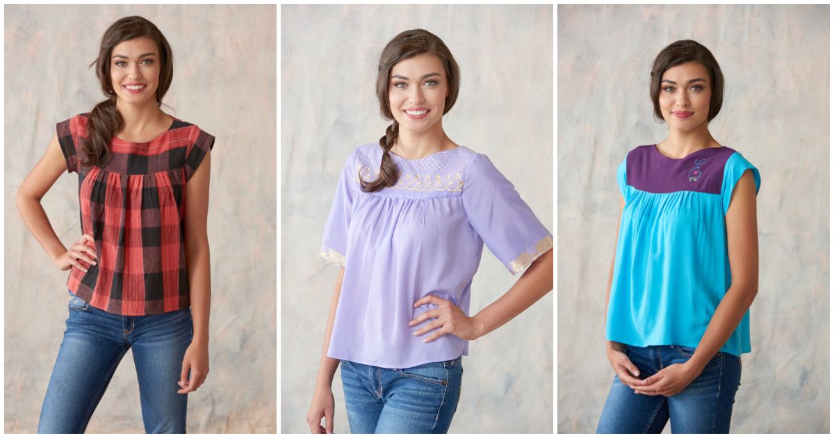 Three versions of the Up In Arms Top: cap sleeve, elbow sleeve, and contrast yoke.